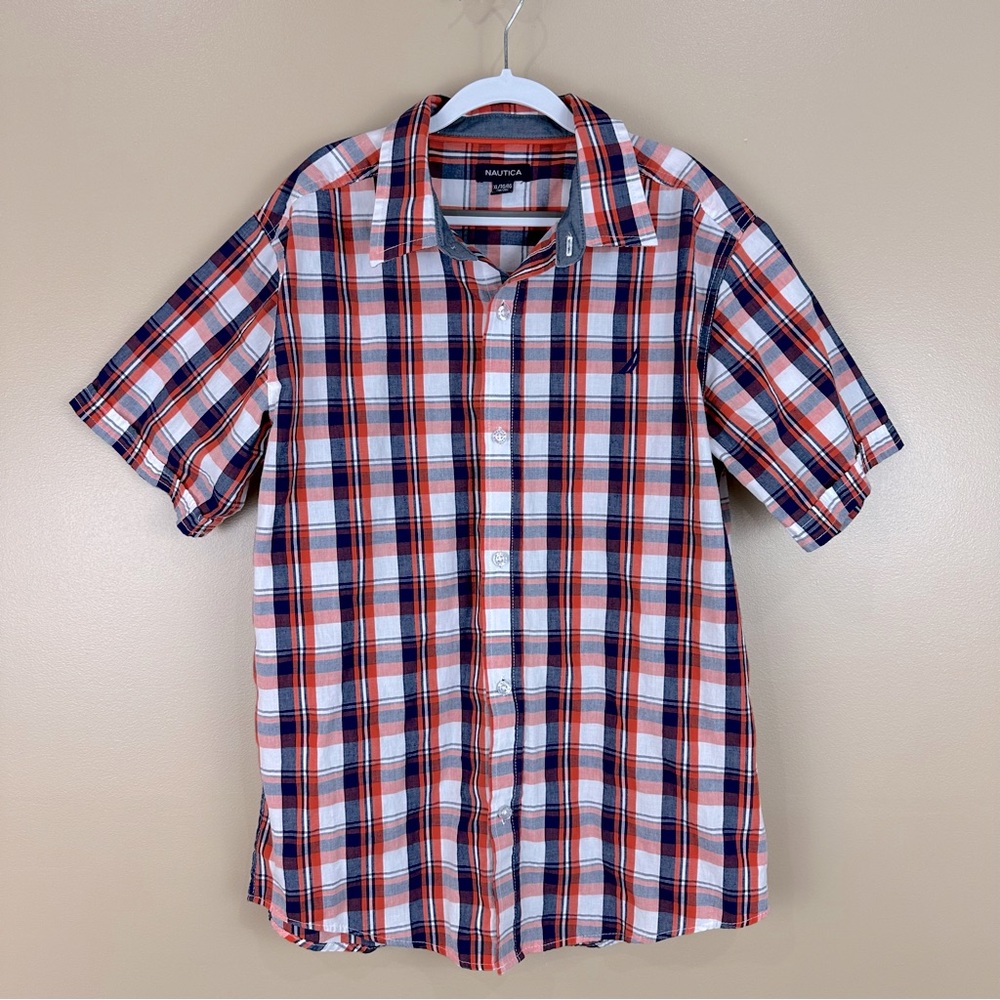Nautica Boys Orange Blue Plaid Button Front Short Sleeve Shirt XL 18-20 Preppy